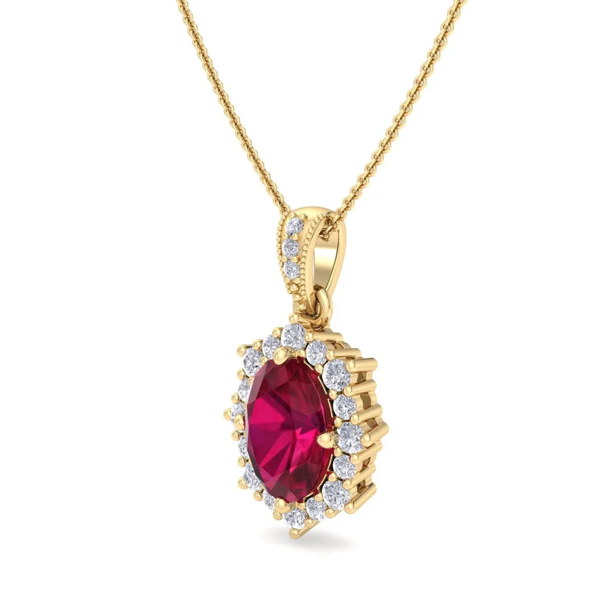 1 3/4 Carat Oval Shape Ruby And Diamond Necklace In 14K Yellow Gold