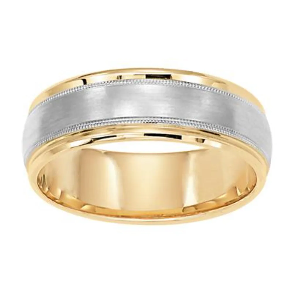 14k Two-Tone Dome Round Edge Carved Milgrain Men's Wedding Band