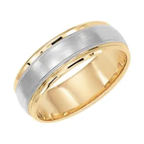 14k Two-Tone Dome Round Edge Carved Milgrain Men's Wedding Band