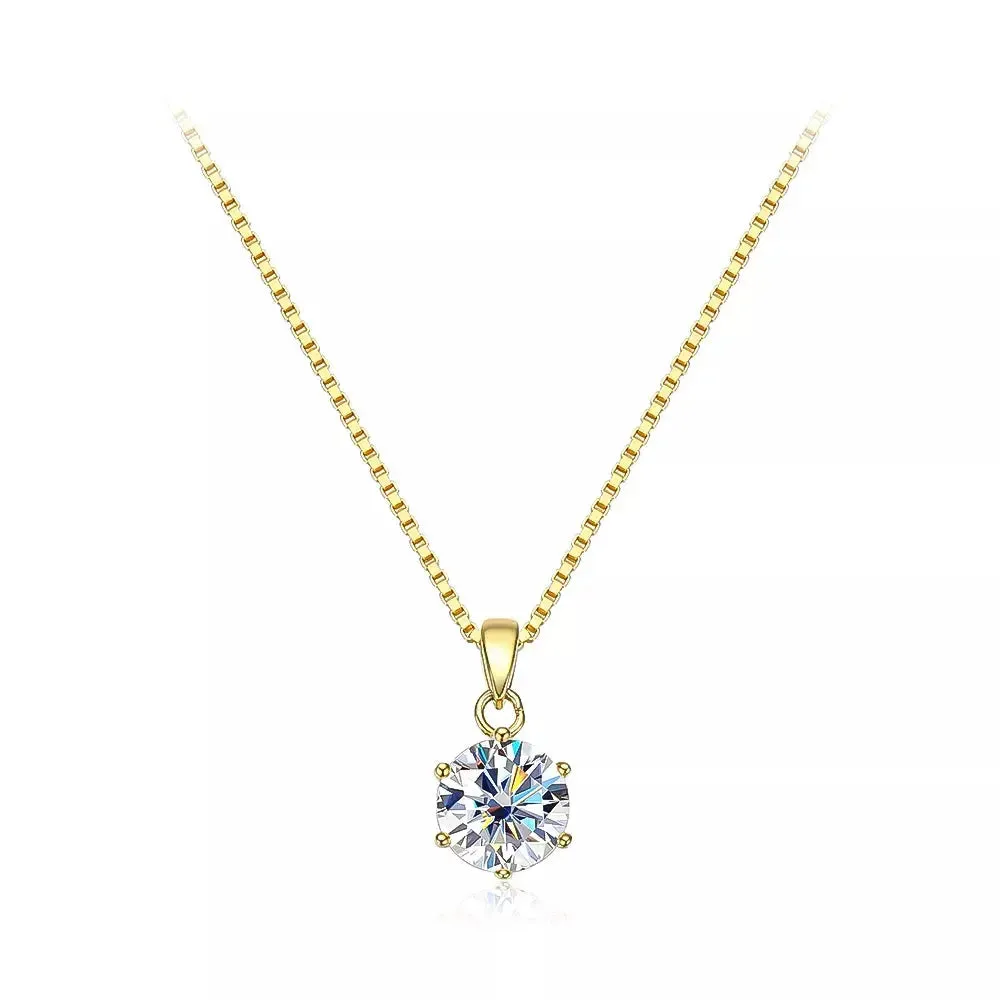 18K WHITE, YELLOW, ROSE GOLD PLATED SILVER MOISSANITE PENDANT NECKLACE 1CT, SINGLE BAIL LINK, BOX CHAIN