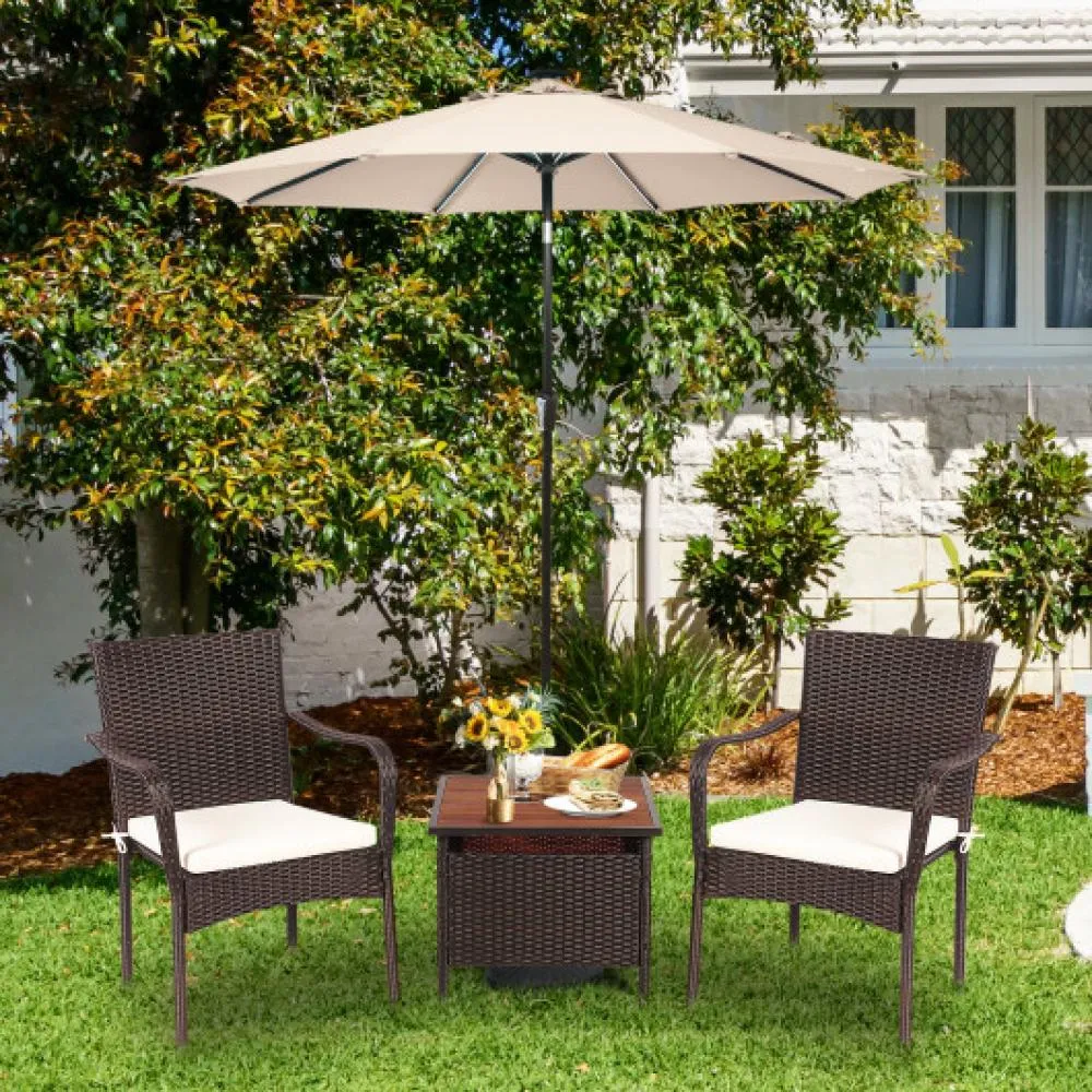 3 Pieces Patio Rattan Furniture Bistro Set with Wood Side Table and Stackable Chair