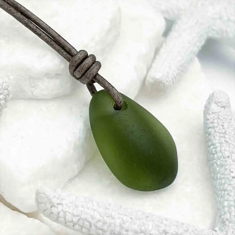 Champagne Green Bottle-Bottom Sea Glass Leather Necklace | #5105