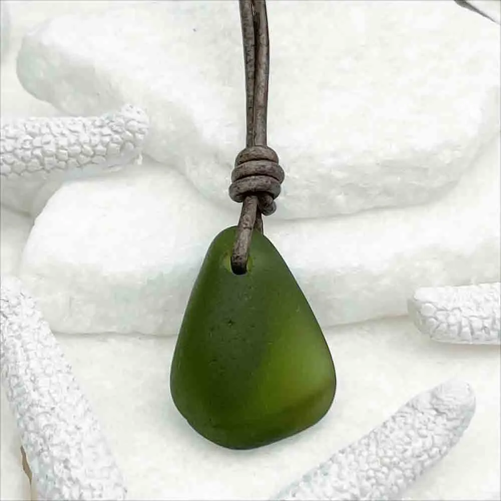 Champagne Green Bottle-Bottom Sea Glass Leather Necklace | #5105