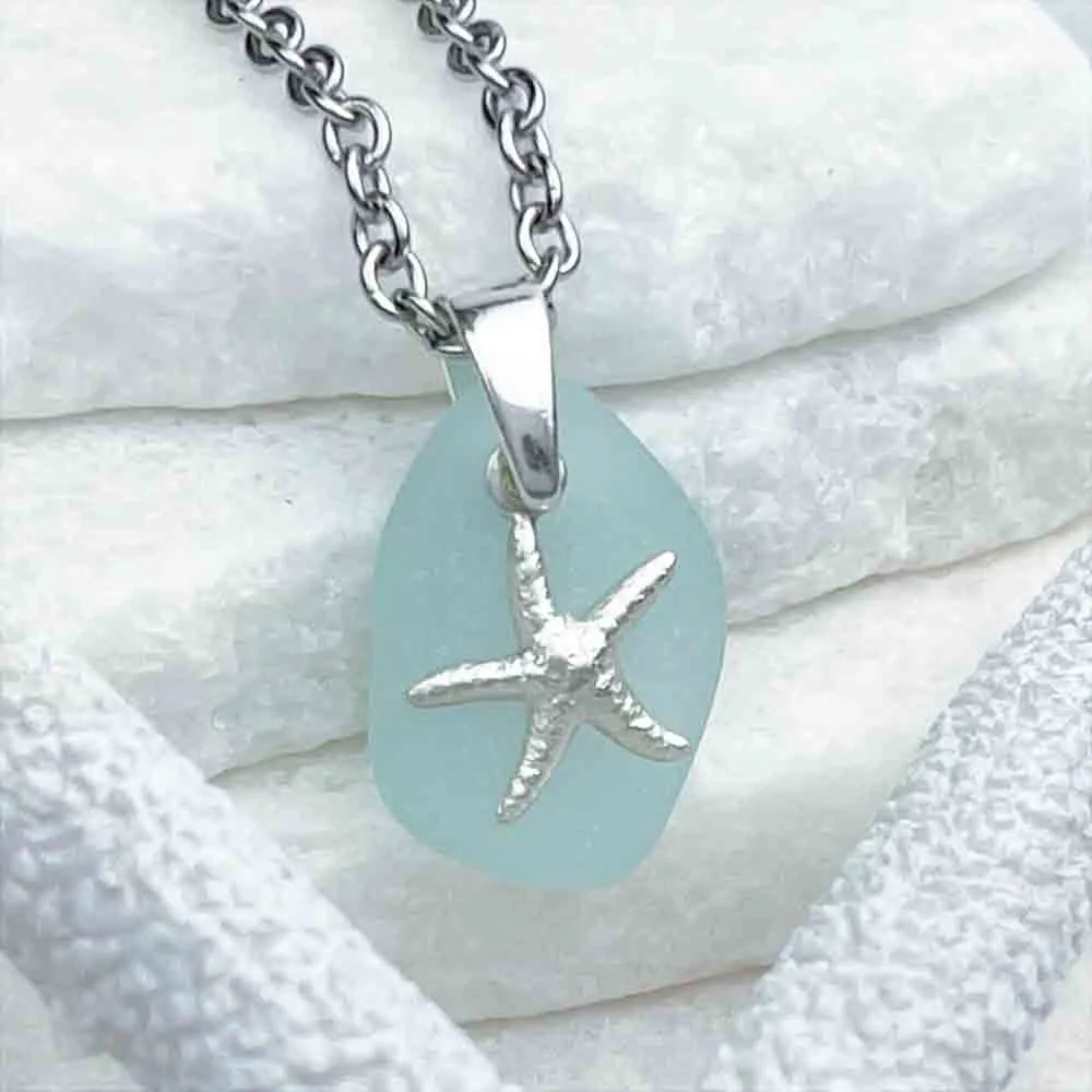 Darling Ice Aqua Sea Glass Pendant with Tiny Sea Star | #1737