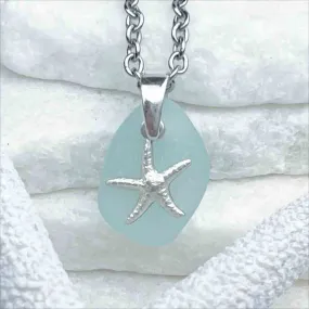 Darling Ice Aqua Sea Glass Pendant with Tiny Sea Star | #1737