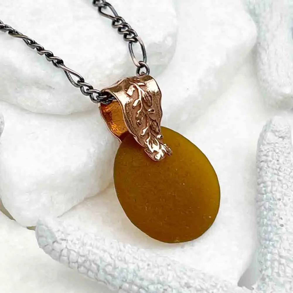 Deep Amber Sea Glass Pendant with Copper Vine Bail | #5124