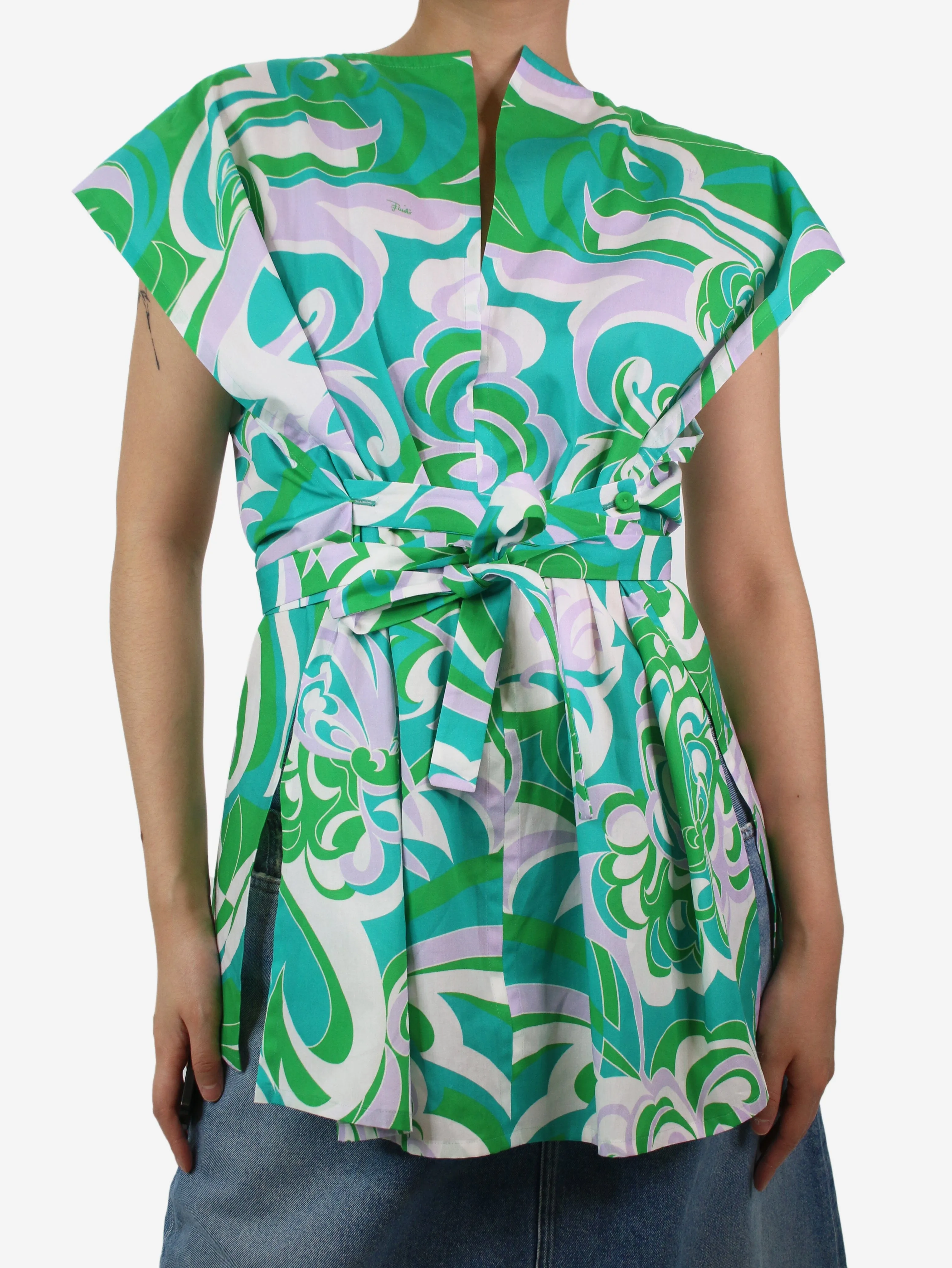 Green sleeveless printed top - size UK 8