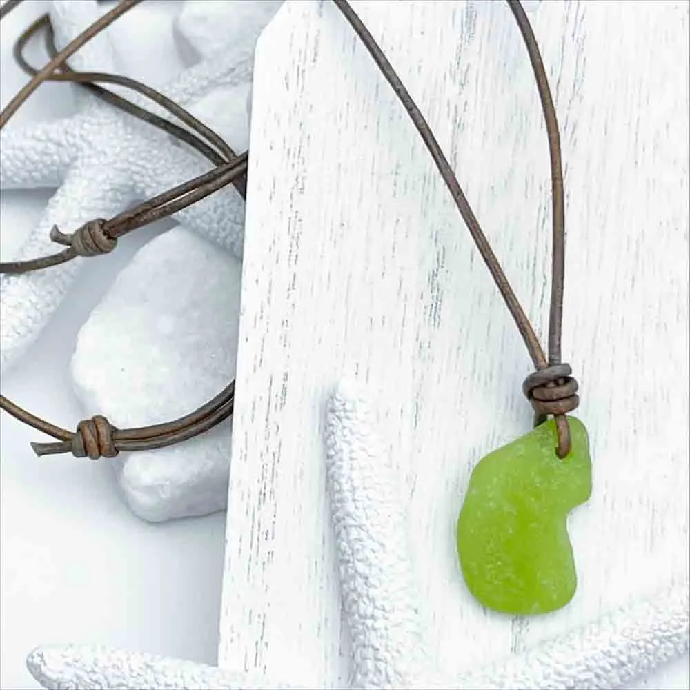 Groovy Lime Green Sea Glass Leather Necklace | #1924