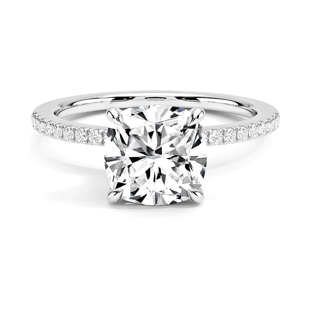 Hidden Halo Cushion Cut Engagement Ring With Pavé Band