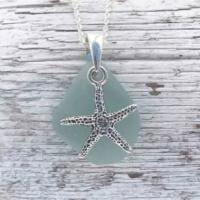 Ice Aqua Sea Glass Pendant with Sterling Silver Starfish Charm | #1108