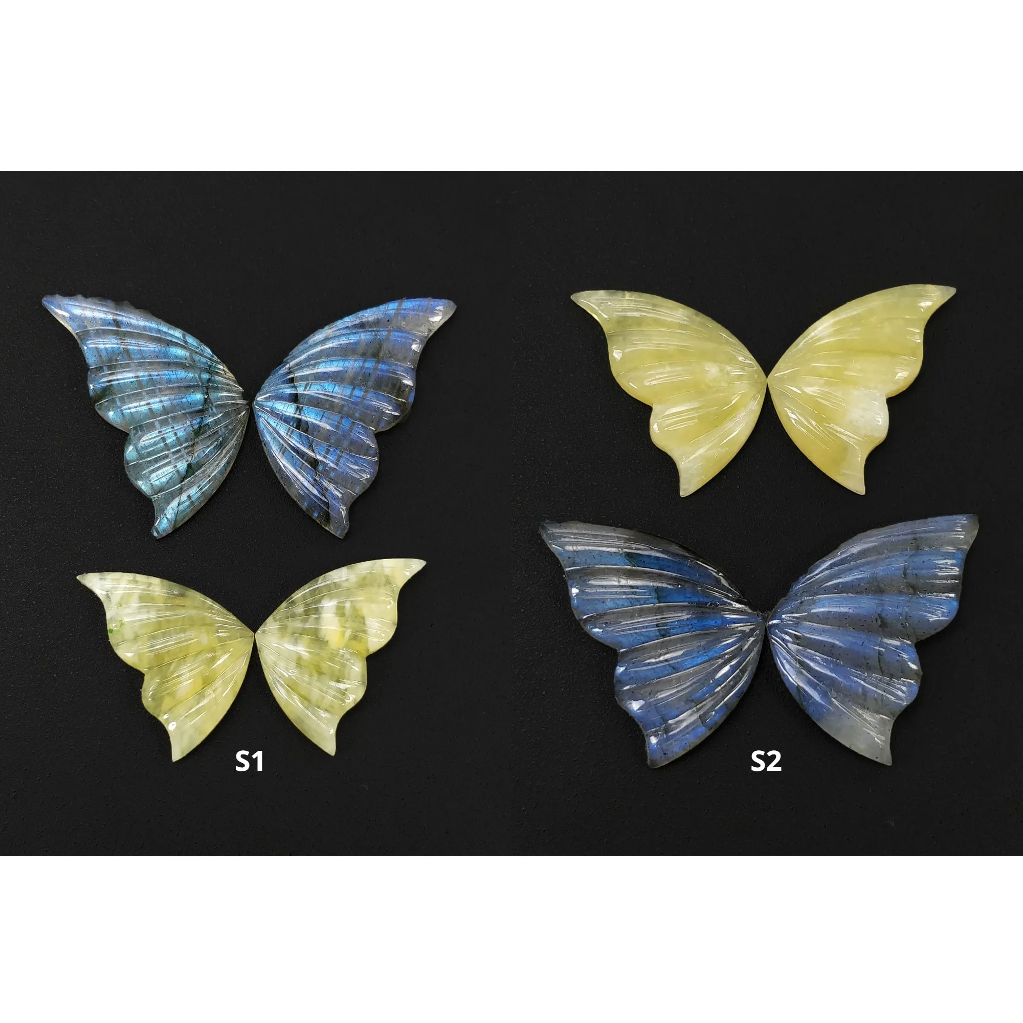 Labradorite & Yellow Opal Gemstone Carving : Natural Untreated Unheated Hand Carved Butterfly 2Pair Sets