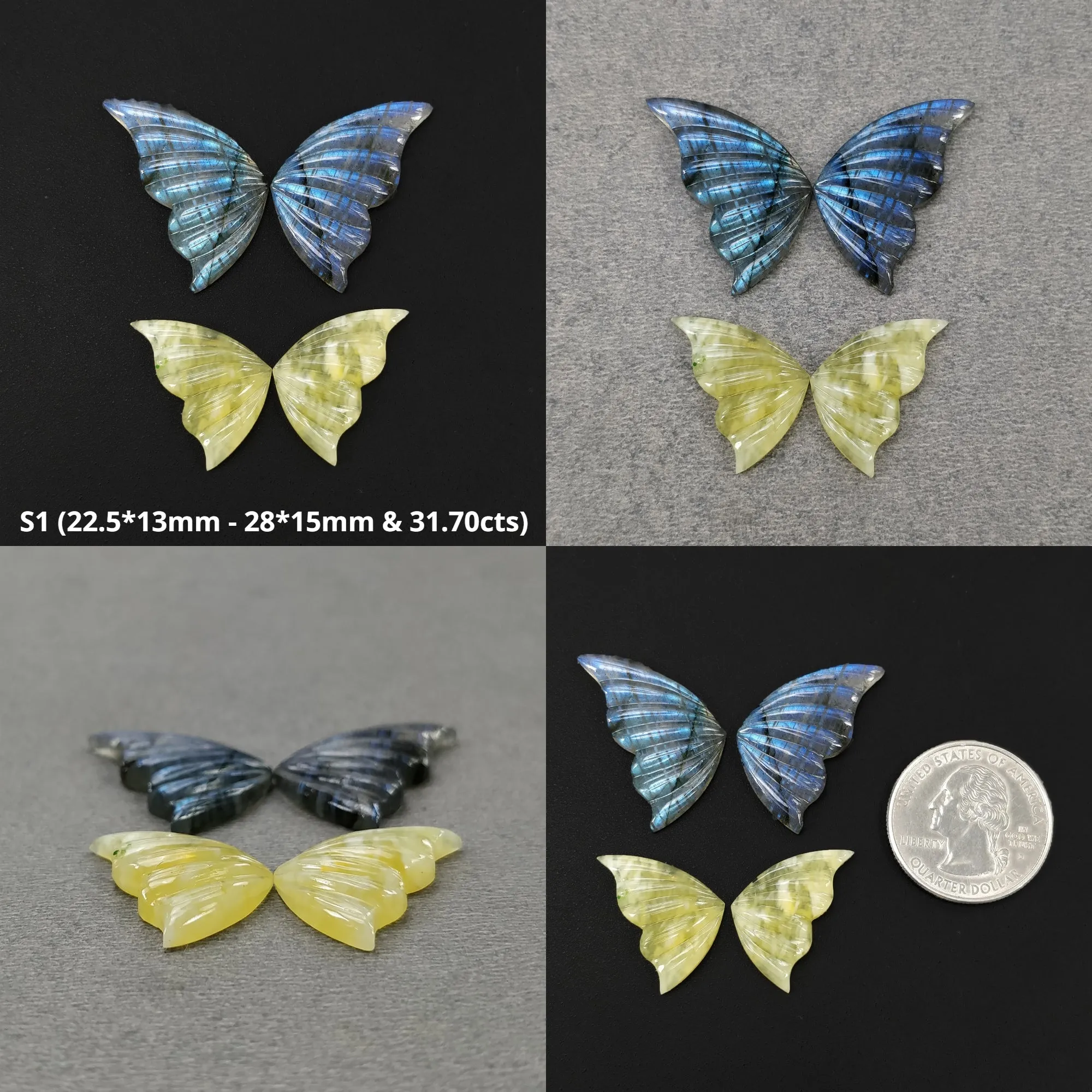 Labradorite & Yellow Opal Gemstone Carving : Natural Untreated Unheated Hand Carved Butterfly 2Pair Sets