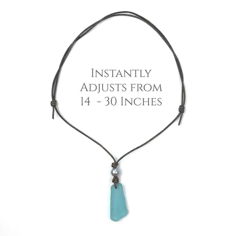 Large Soft Aqua Sea Glass Leather Surfside Necklace | #1381