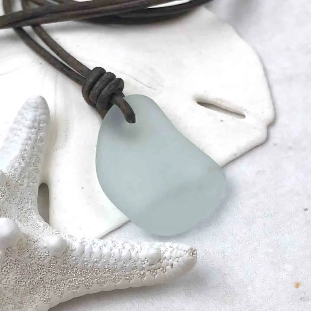 Large Soft Aqua Sea Glass Leather Surfside Necklace | #1381