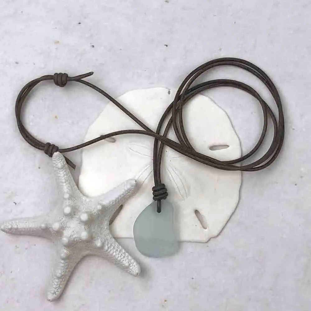 Large Soft Aqua Sea Glass Leather Surfside Necklace | #1381