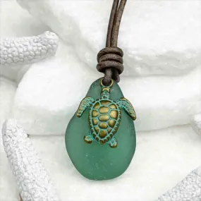 Light Champagne Green Sea Glass and Bronze Sea Turtle Leather Necklace | #5109