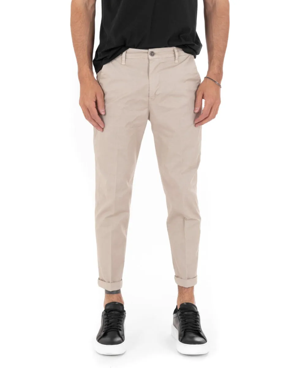 Pantaloni Uomo Cotone Tasca America Chinos Capri Sartoriale Slim Fit Casual Beige GIOSAL-P5693A