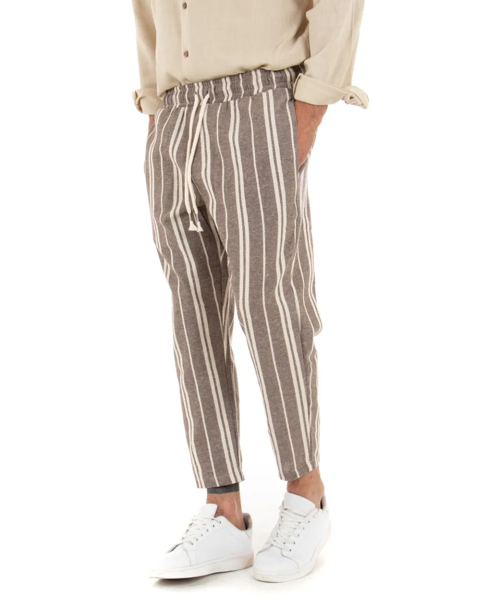 Pantaloni Uomo Pantalaccio Cotone Rigato Righe Fango Beige Elastico Coulisse GIOSAL-P3698A