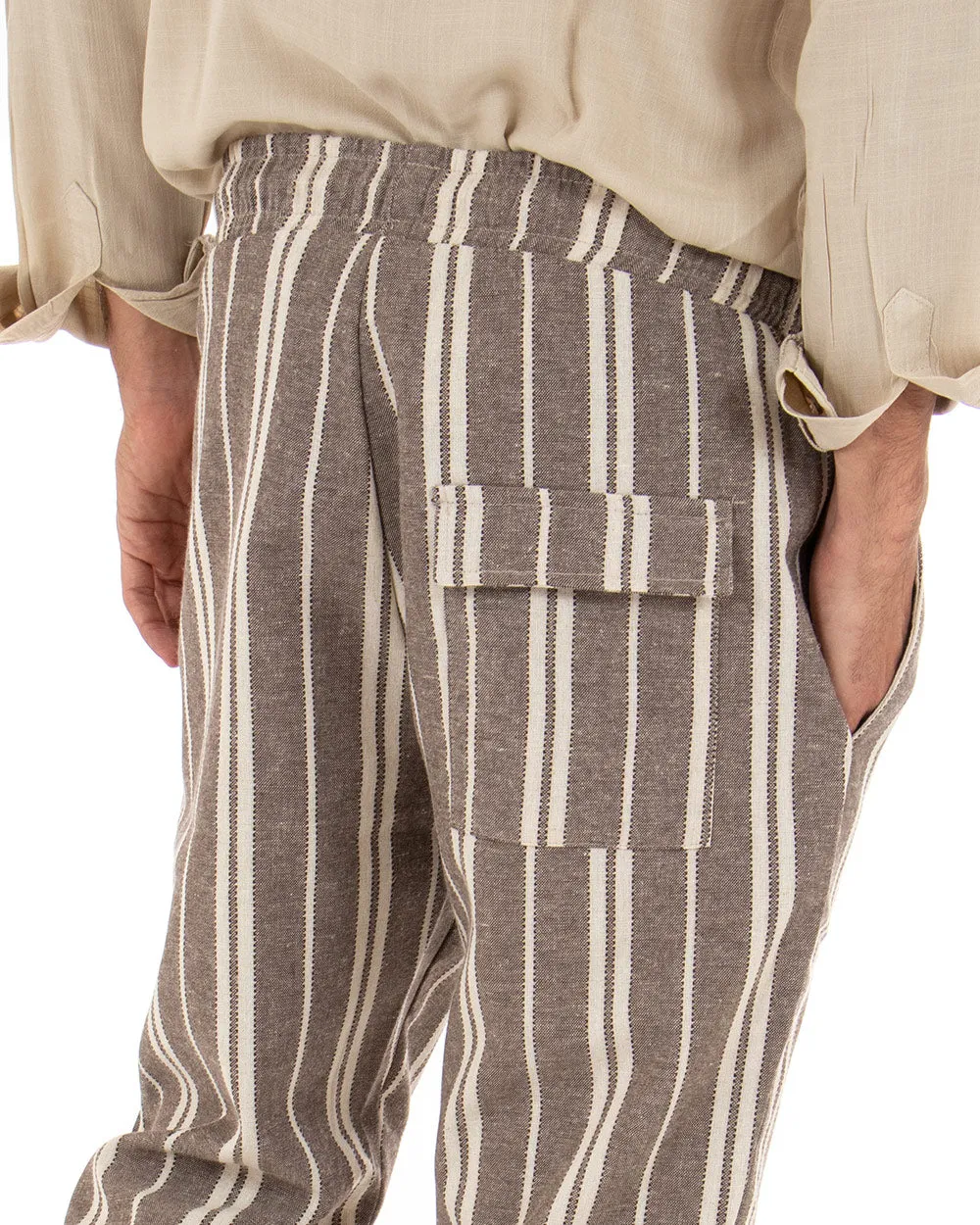 Pantaloni Uomo Pantalaccio Cotone Rigato Righe Fango Beige Elastico Coulisse GIOSAL-P3698A