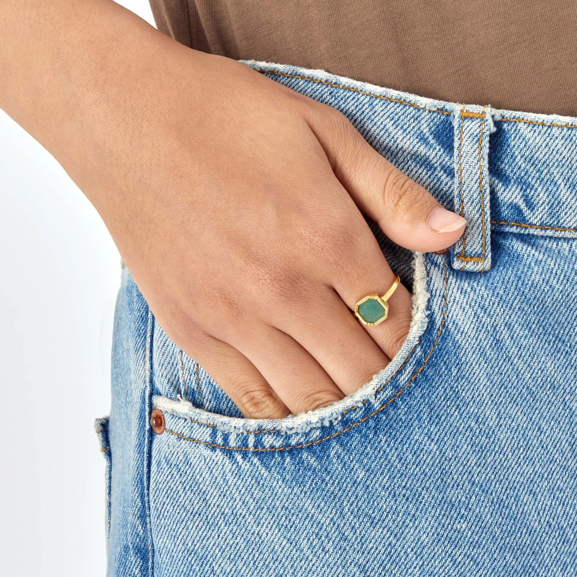 Real Gold-Plated Aventurine Square Slice Ring Gold By Accessorize London-Large