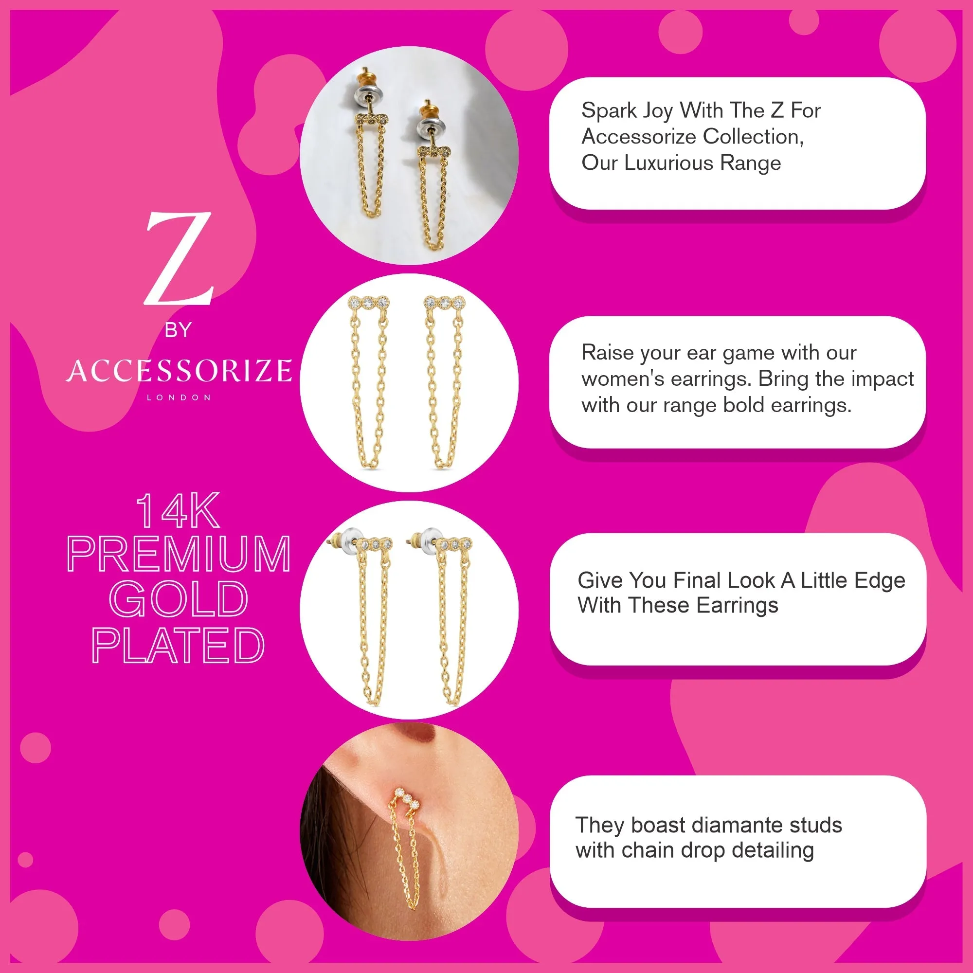 Real Gold-Plated Z  Triple Sparkle Chain Earrings