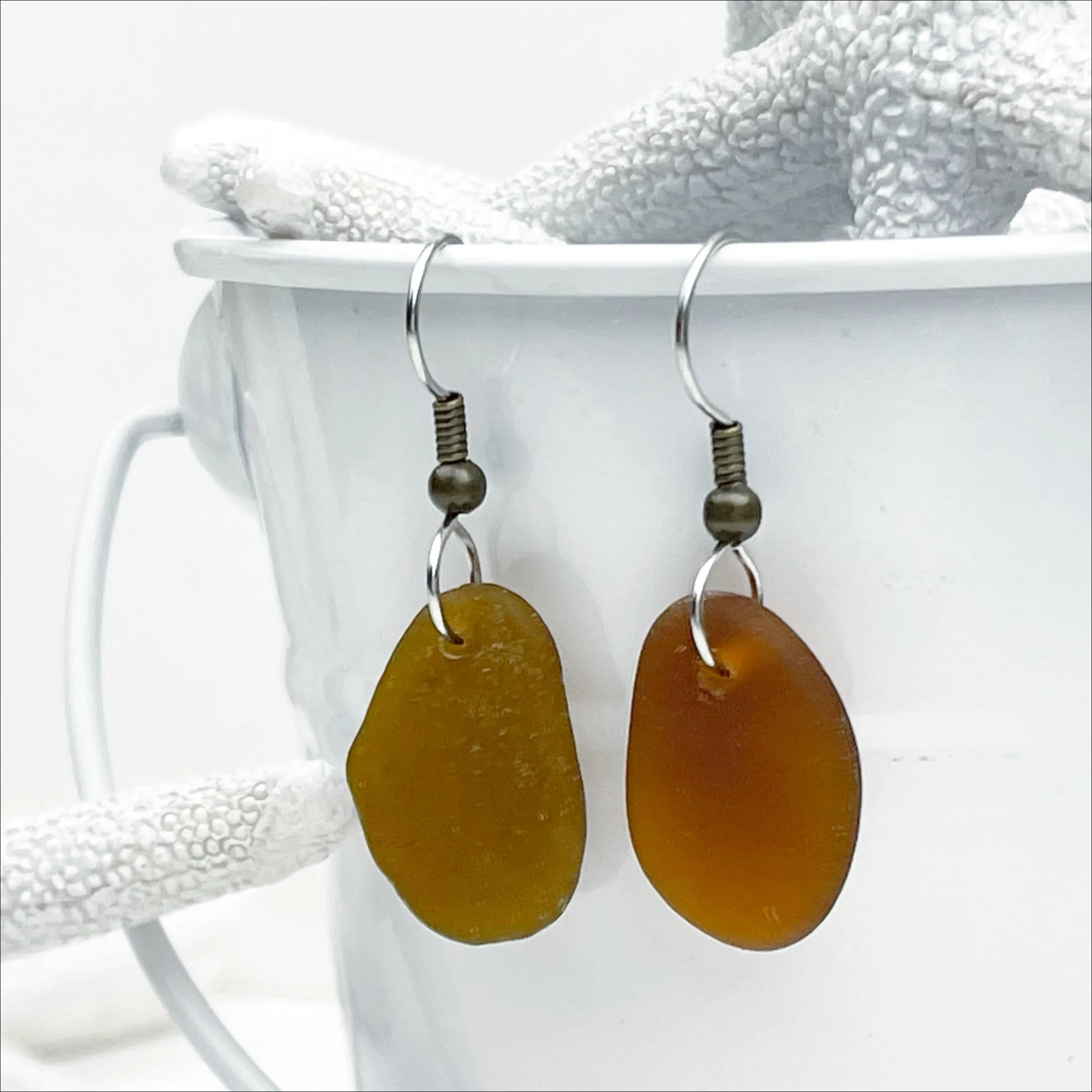 Rootbeer Sea Glass Drop Earrings | # 5068