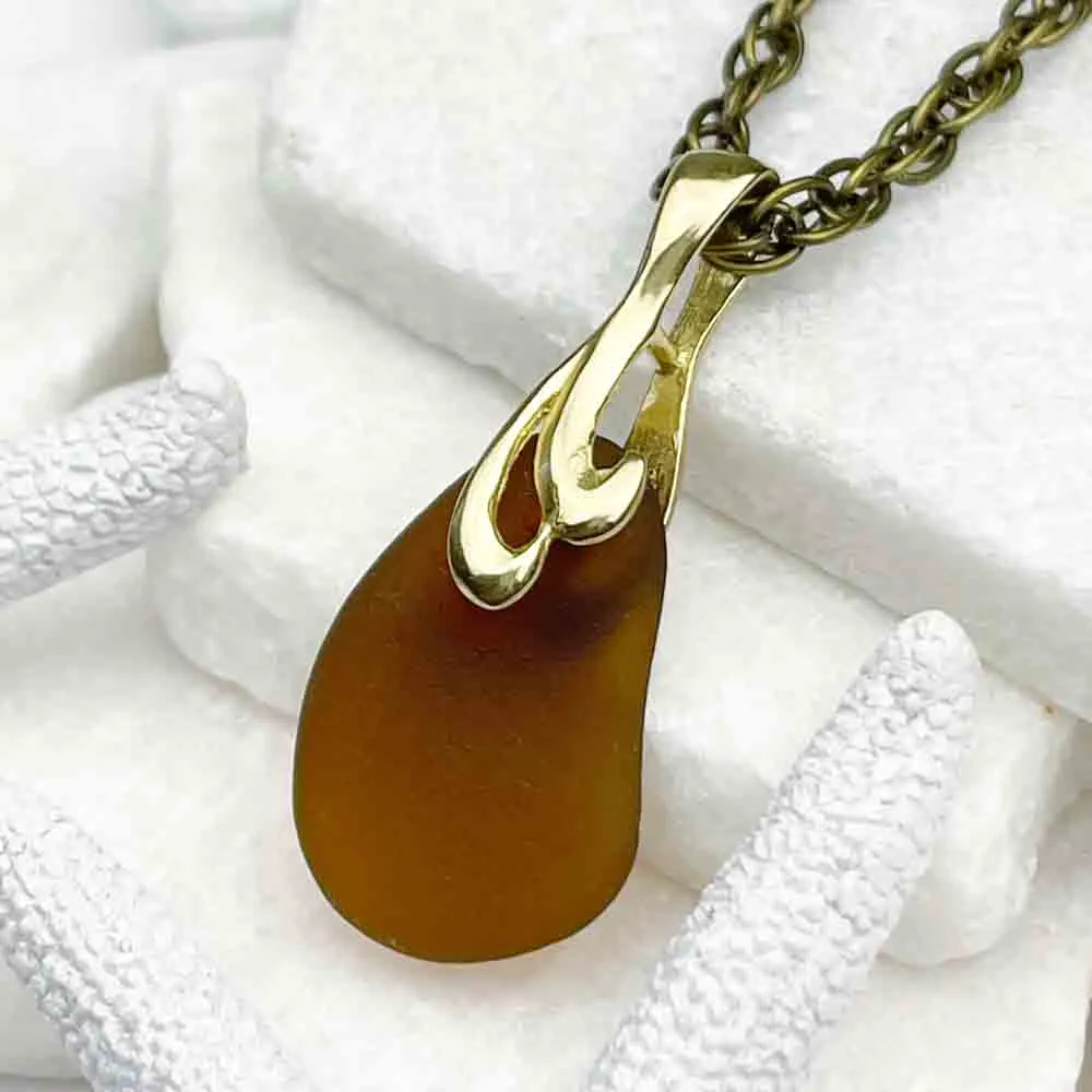 Rootbeer Sea Glass Pendant with Decorative Bronze Bail | #5047