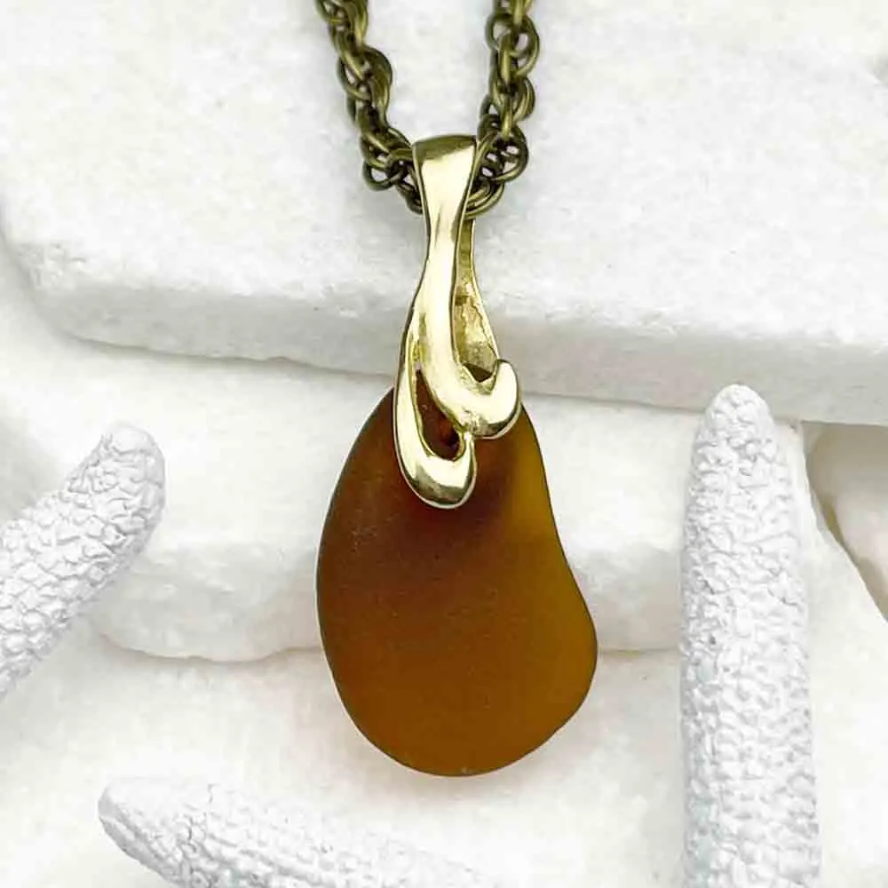 Rootbeer Sea Glass Pendant with Decorative Bronze Bail | #5047