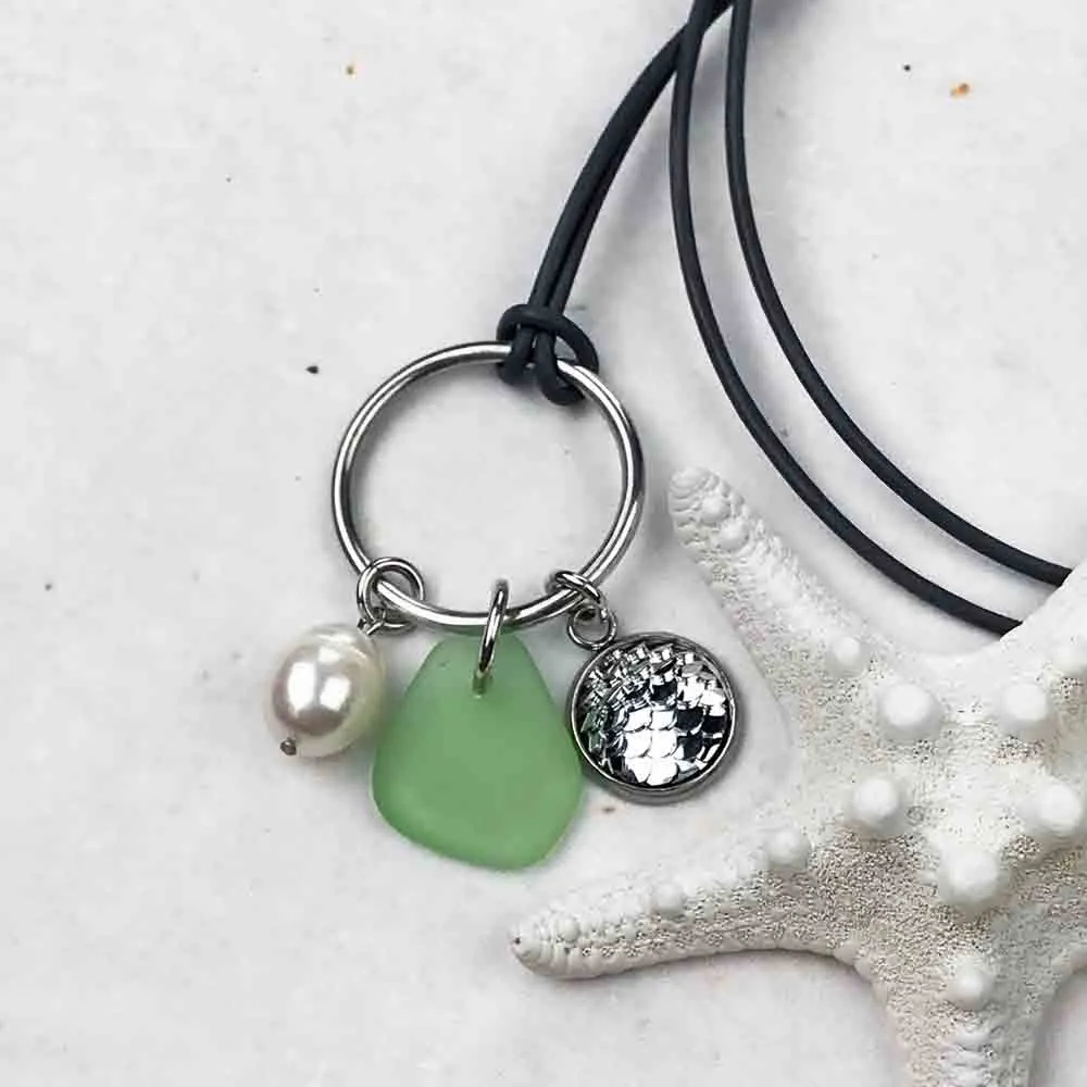 Silver Sparkle Mermaid Dreams Necklace with Seafoam Sea Glass & Genuine Pearl | #1360