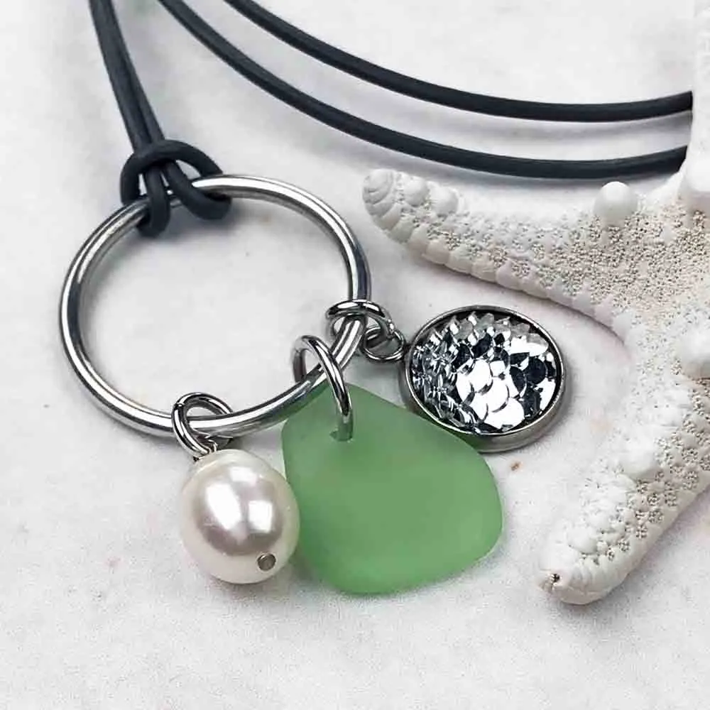 Silver Sparkle Mermaid Dreams Necklace with Seafoam Sea Glass & Genuine Pearl | #1360