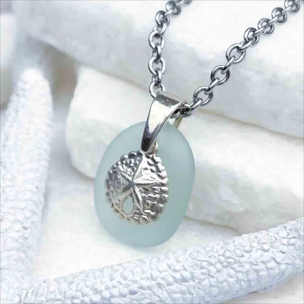 Soft Ice Aqua Sea Glass and Sand Dollar Charm Pendant | 5220