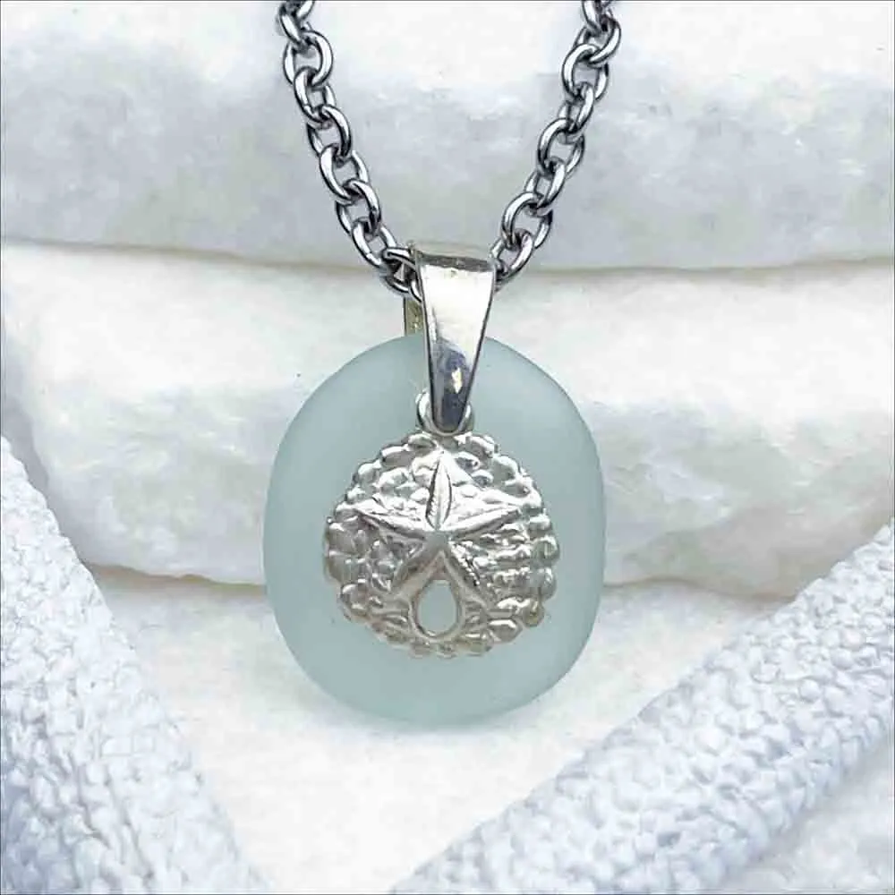 Soft Ice Aqua Sea Glass and Sand Dollar Charm Pendant | 5220