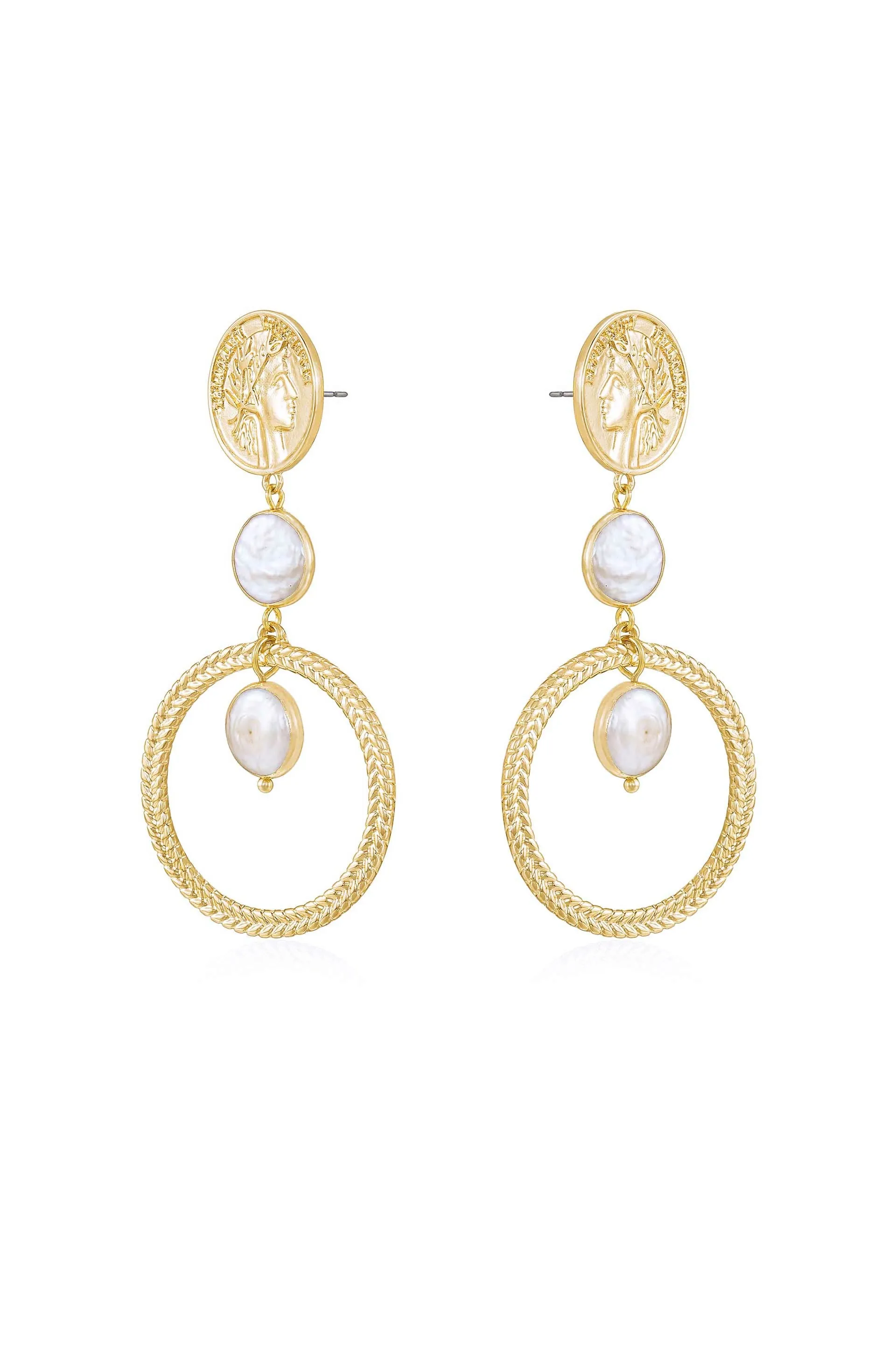 Your Majesty Coin & Freshwater Pearl Drop 18k Gold Plated Earrings