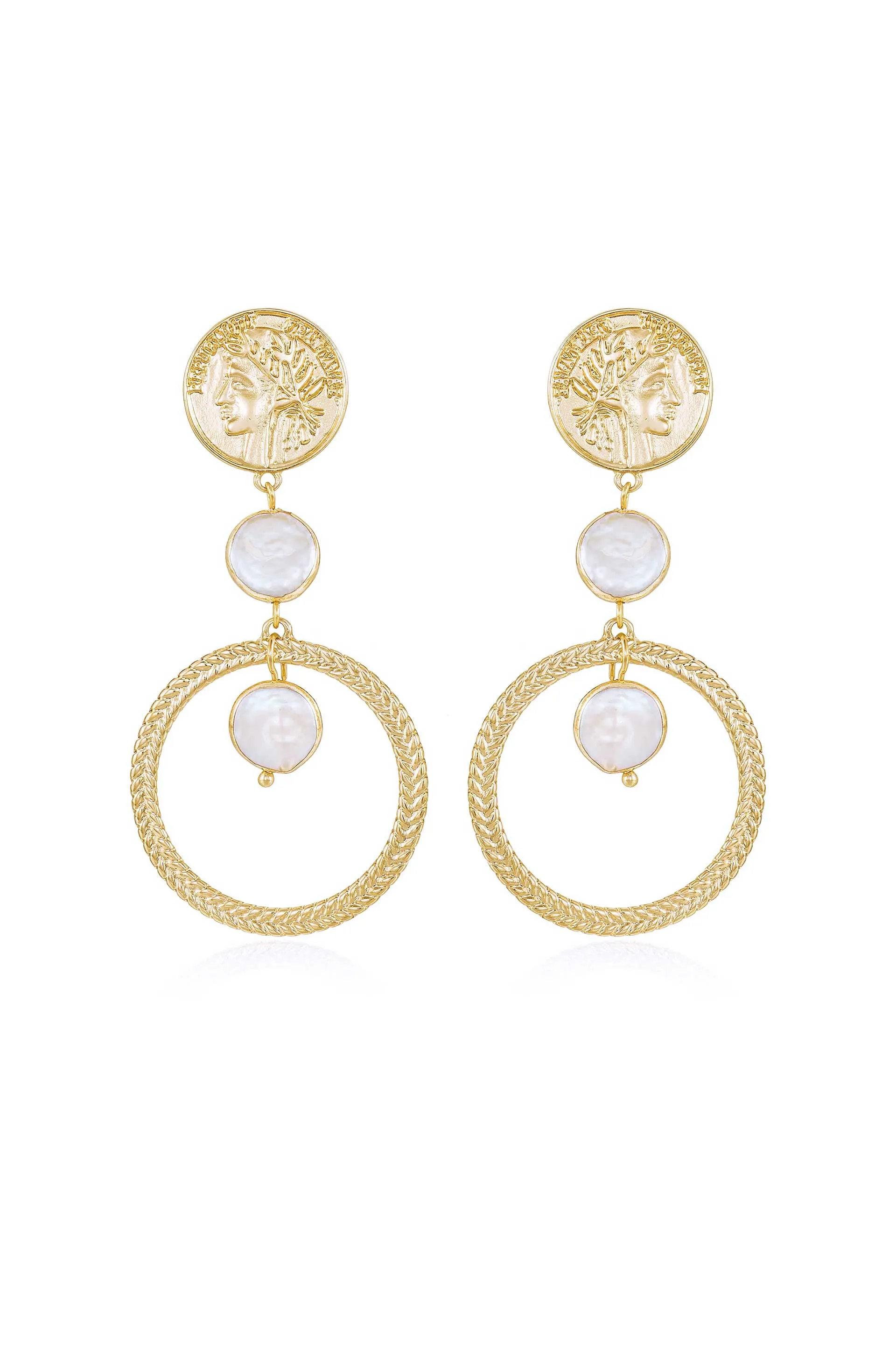 Your Majesty Coin & Freshwater Pearl Drop 18k Gold Plated Earrings