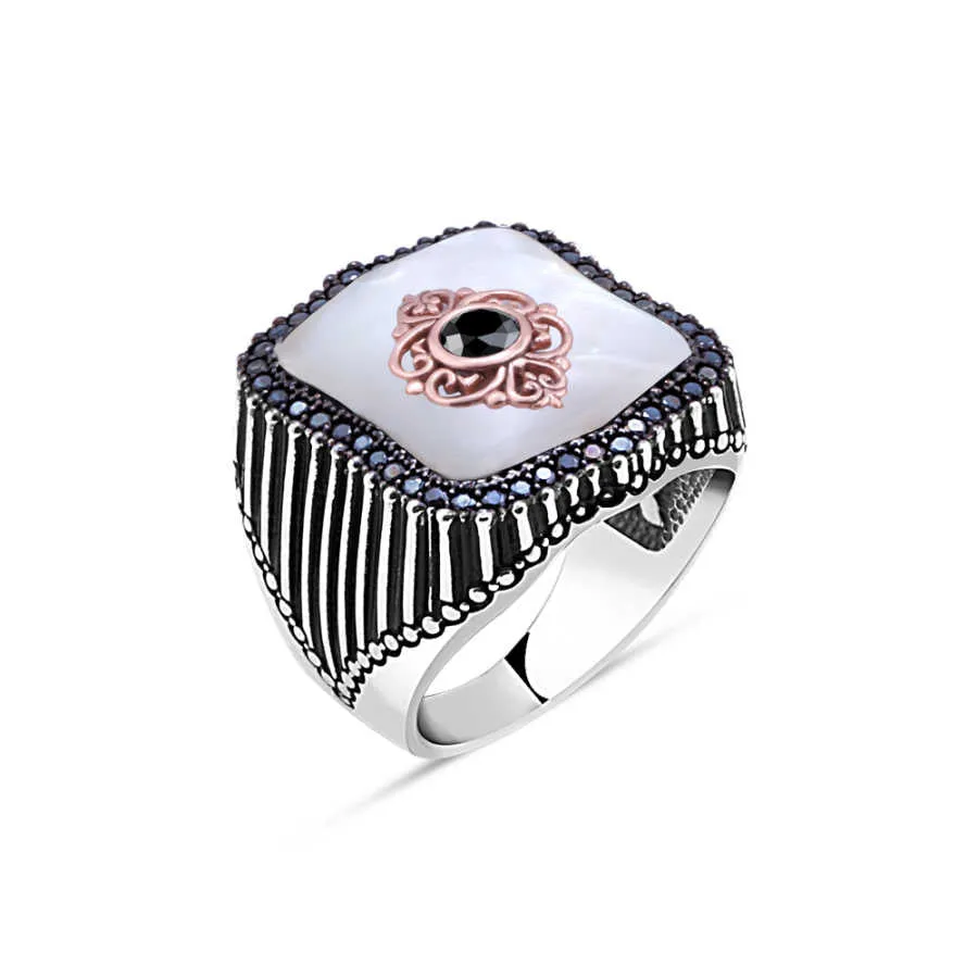 Zircons Around White Mother of Pearl Stone with Black Zircon Eye Figure Hexagonal Silver Men's Ring Siding Stripe Pattern